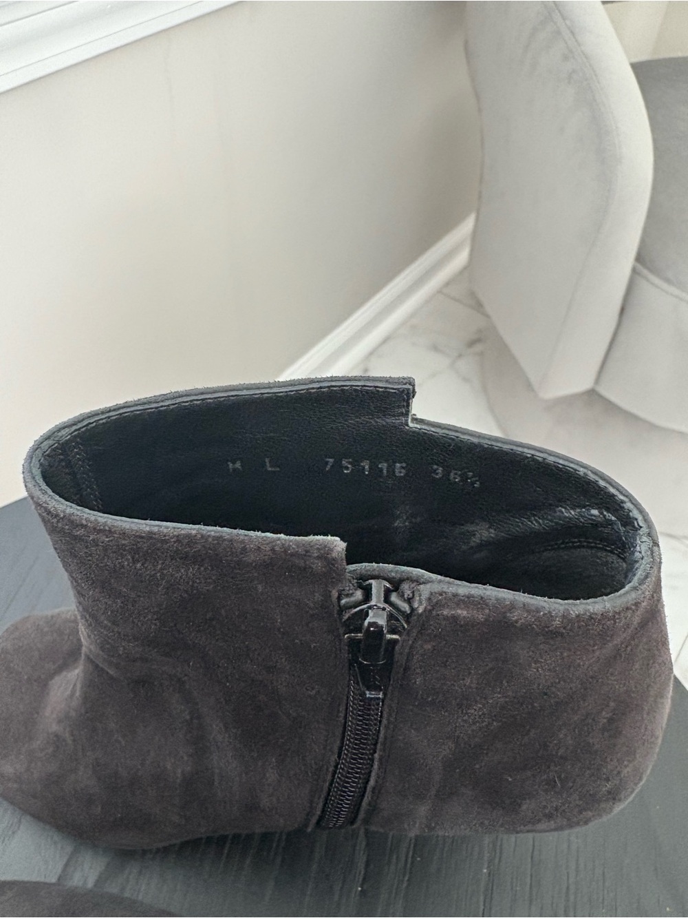 Stuart Weitzman Black Suede Peep-Toe Ankle Booties - Picture 7 of 9